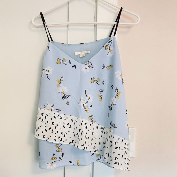 Cooper and Ella V-Neck Tank Top Ruffle Floral Blue Gold White M - Picture 1 of 6